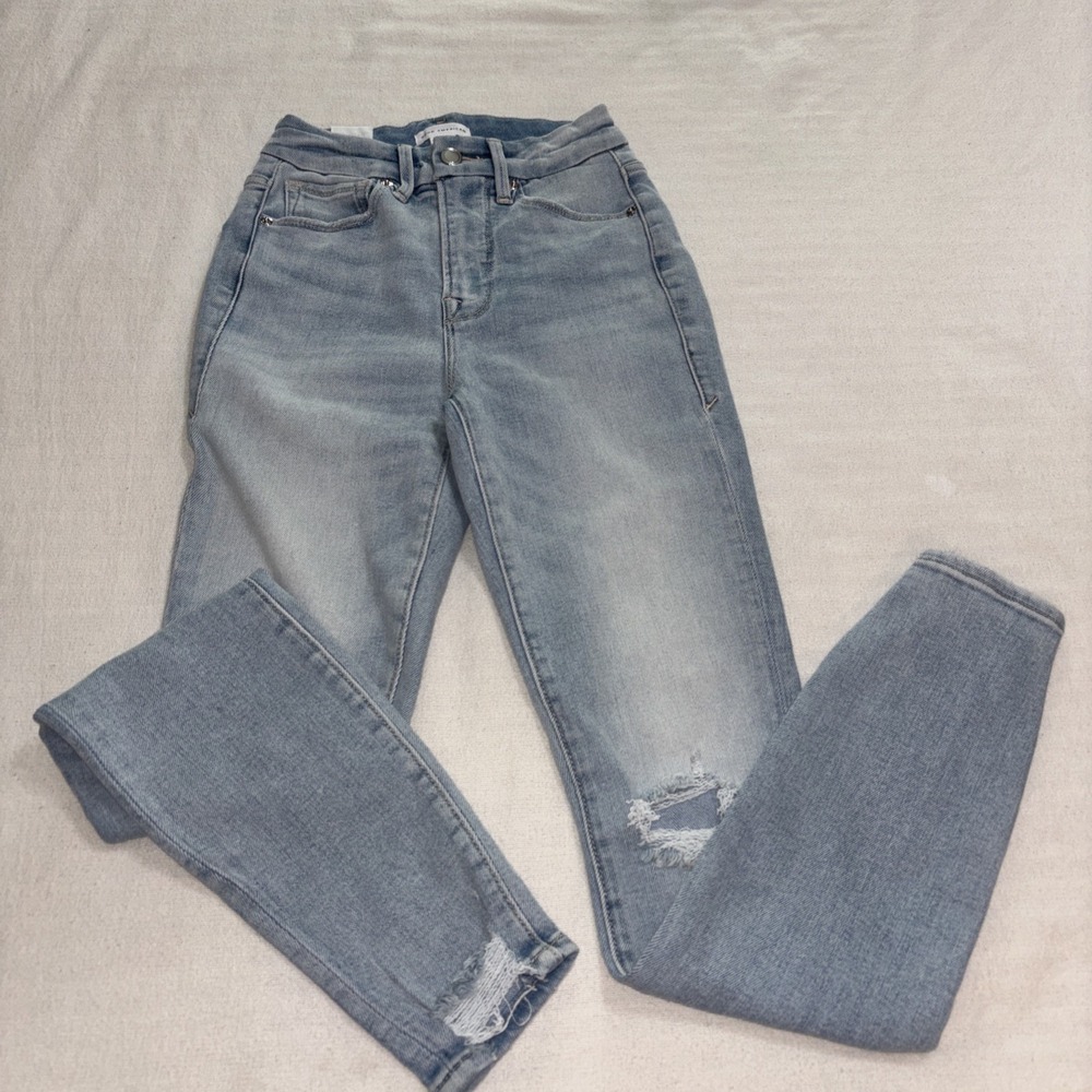 Good American High Waist Skinny Jeans Light wash Stretch Distressed Size 00/24